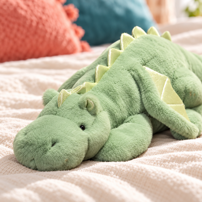Close-up of the green dragon’s rounded muzzle, bead eye, small horns and natural fur.
