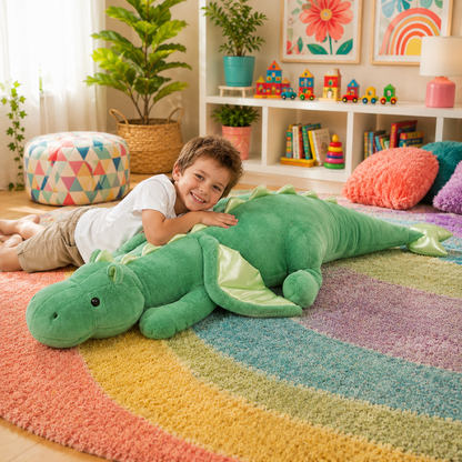 Child cuddling a green Mythic Hugs giant dragon plushie in a colorful playroom.