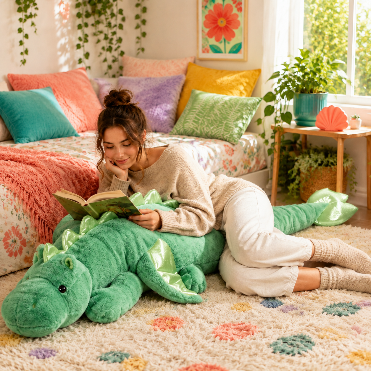 Young woman reading comfortably with a green Mythic Hugs giant dragon plushie.