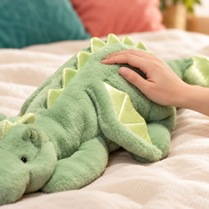 An adult hand resting lightly on the green dragon beside its pale shiny wing.