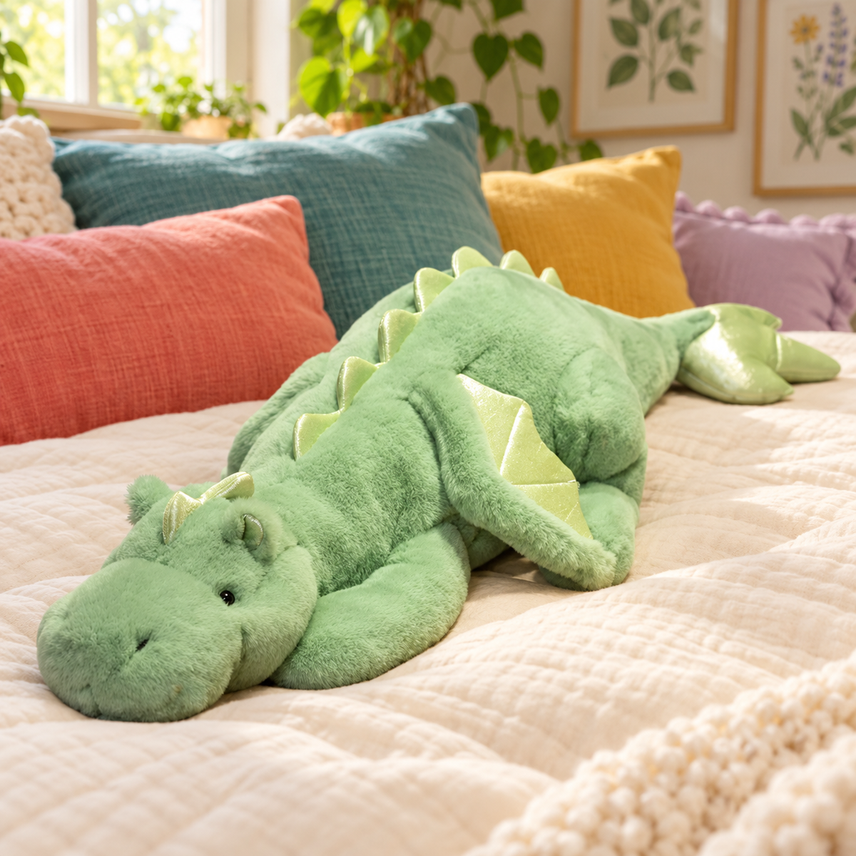 Muted green dragon plushie with pale yellow-green shiny accents resting on a bed.