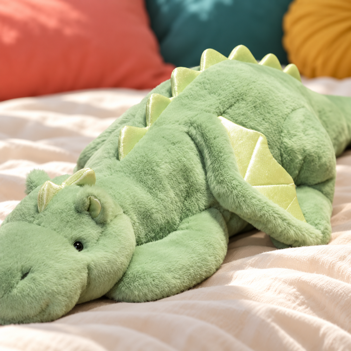 Close-up of the green dragon’s compact plush wing and pale shiny membrane.