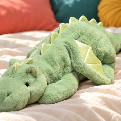 Close-up of the green dragon’s compact plush wing and pale shiny membrane.