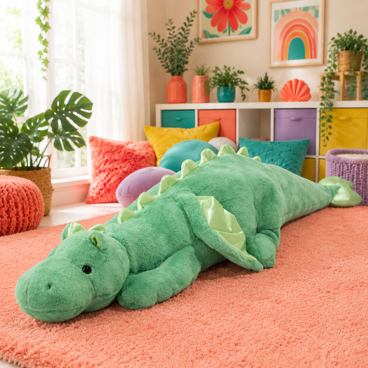 Green Mythic Hugs giant dragon plushie with pale-aqua accents in a colorful playroom.