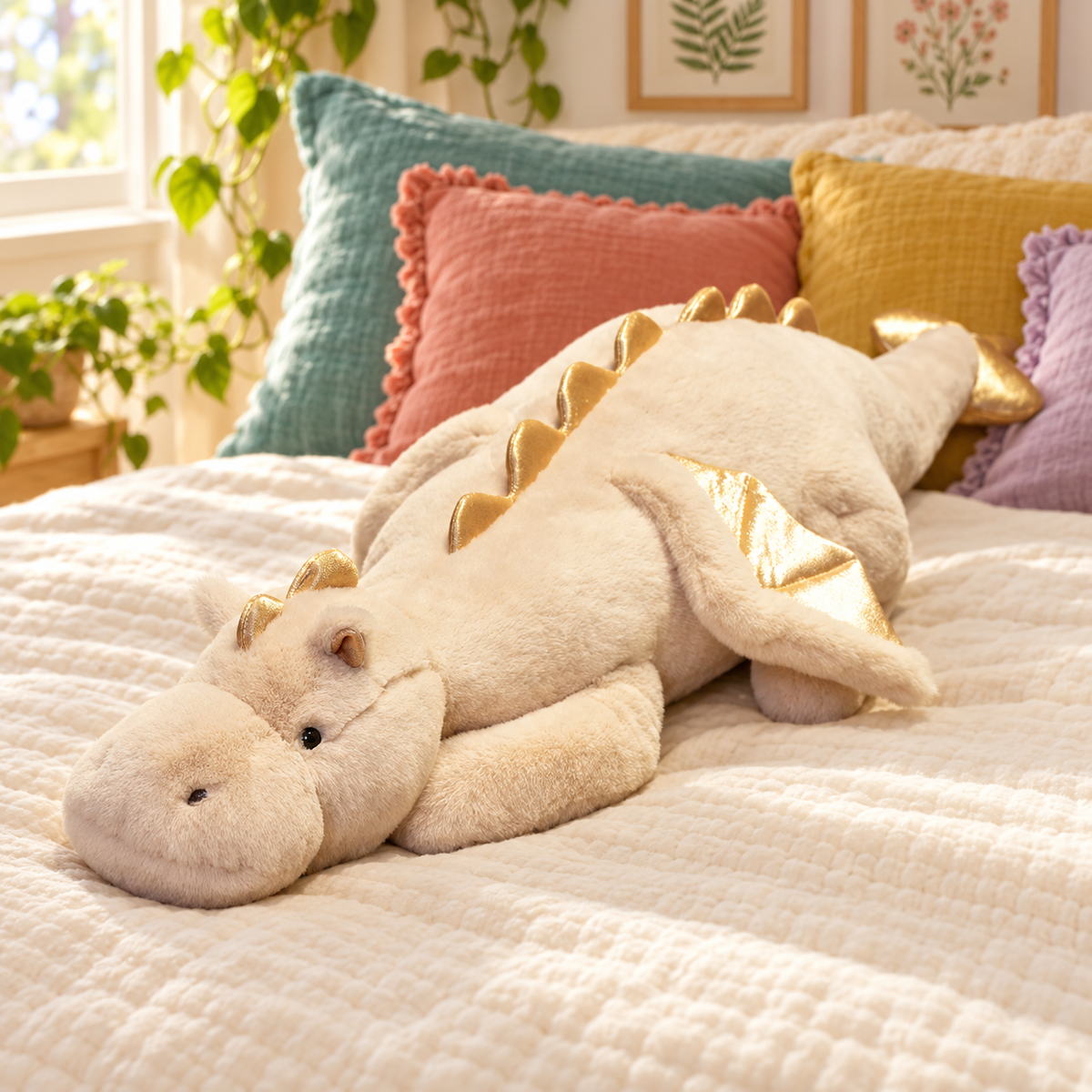 Cream and champagne dragon plushie, sold as Pink, with gold shiny accents on a bed.