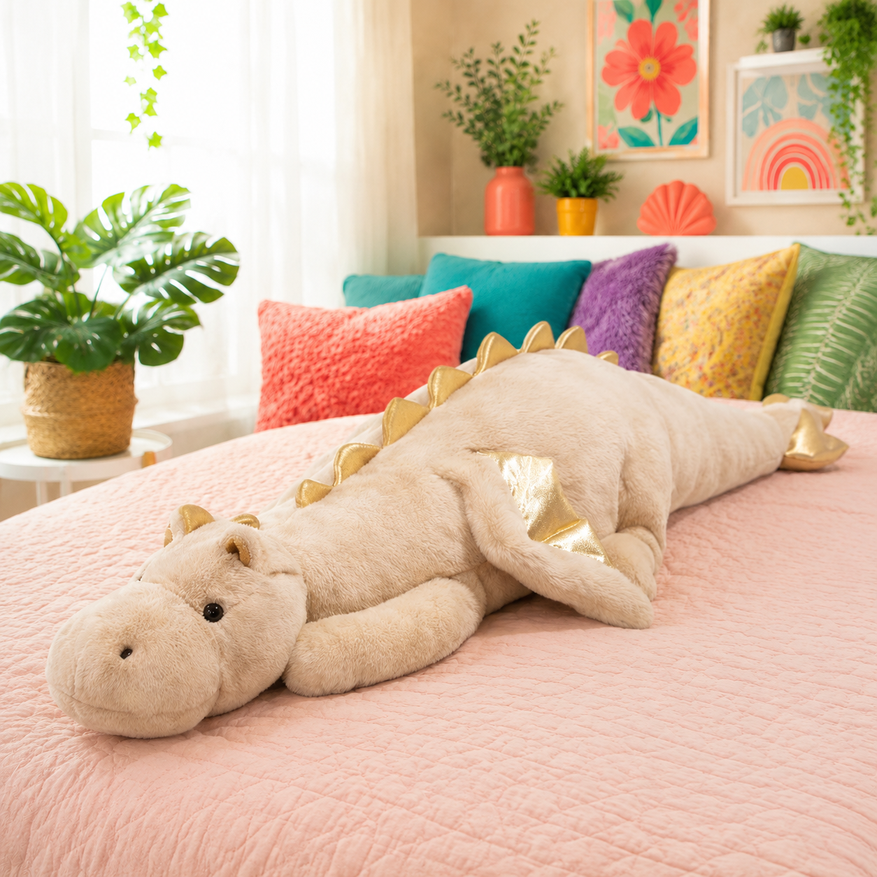 Pink Mythic Hugs giant dragon plushie with champagne-gold accents on a colorful bed.