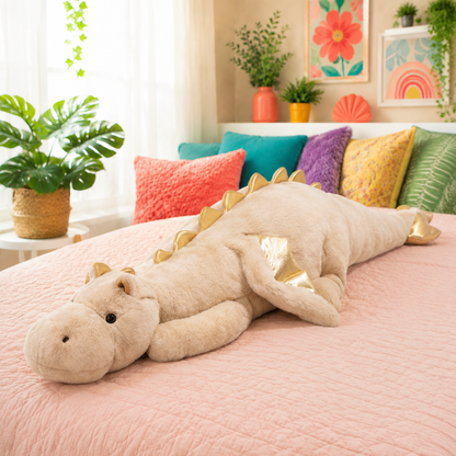 Pink Mythic Hugs giant dragon plushie with champagne-gold accents on a colorful bed.