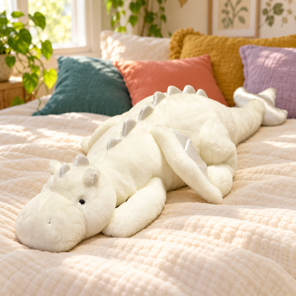 Ivory White dragon plushie with pearly shiny accents resting on a colorful bed.