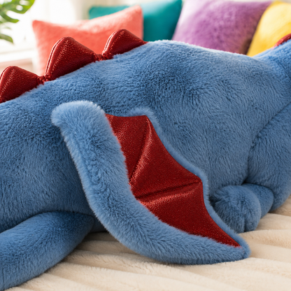 Close-up of the blue Mythic Hugs dragon plushie’s soft wing and red satin details.