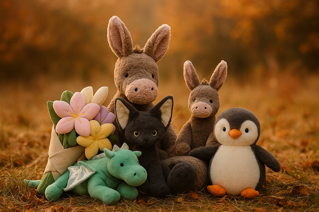 Plush toys including a donkey, penguin, cat, plush bouquet of flowers, and dragon stuffed animal on a grassy background