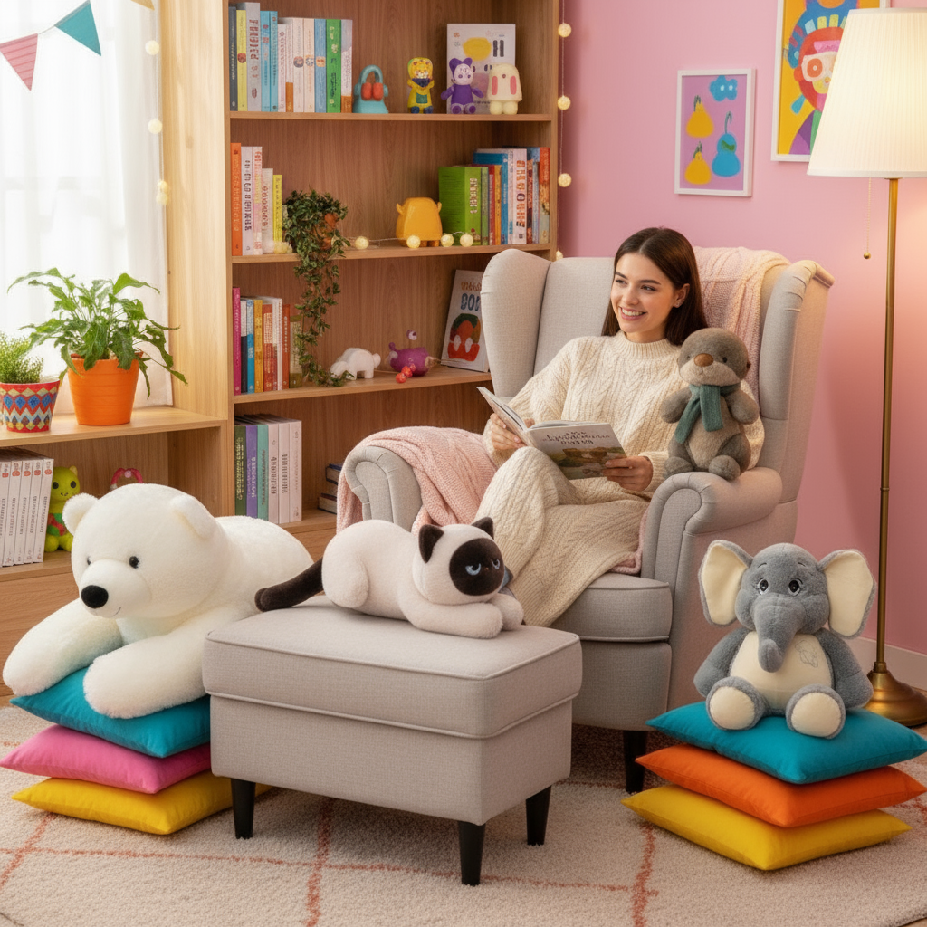 Woman reading a book in a cozy room with stuffed animals and colorful pillows.