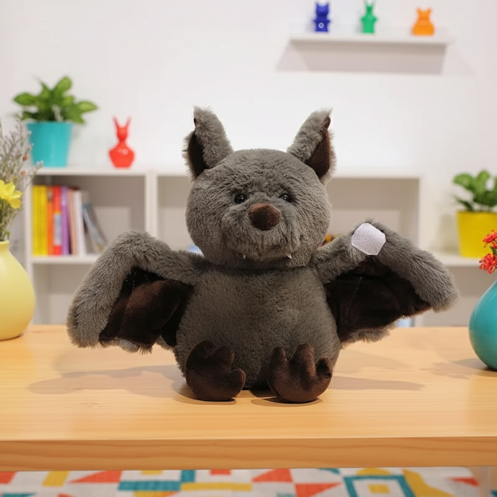 Plush toy bat on a wooden surface with a colorful background