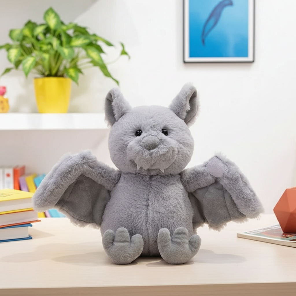 Gray plush bat toy on a desk with books and a plant in the background