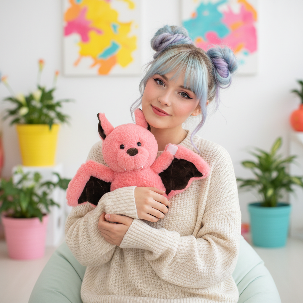 Person holding a pink plush bat toy in a colorful room with plants