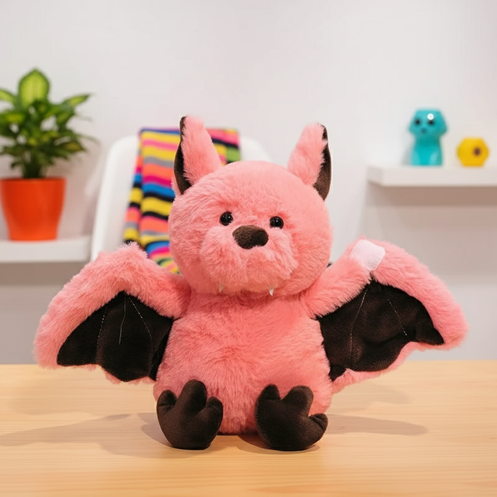 Pink plush bat toy on a wooden surface with a blurred indoor background