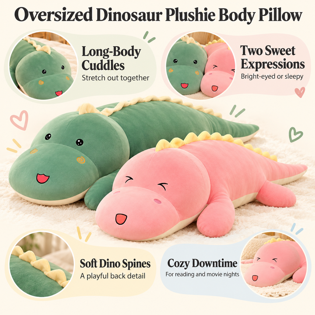 Oversized Dinosaur Plushie Body Pillow benefits: long-body cuddles, two sweet expressions, soft dino spines, and cozy downtime.