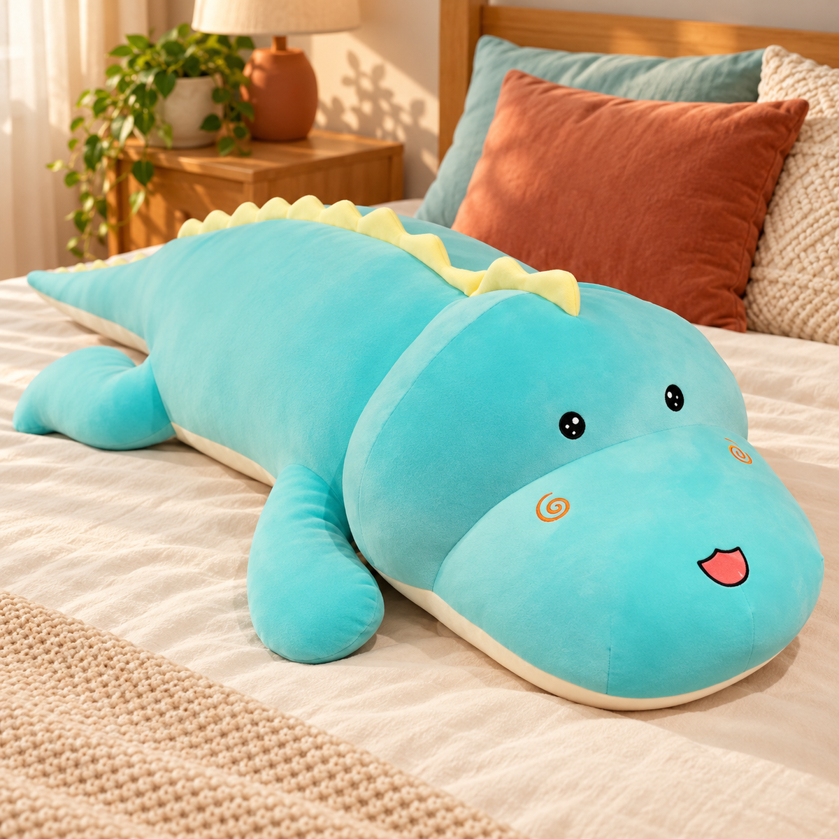 Blue oversized dinosaur plush body pillow with open eyes and spiral cheeks on an ivory bed.