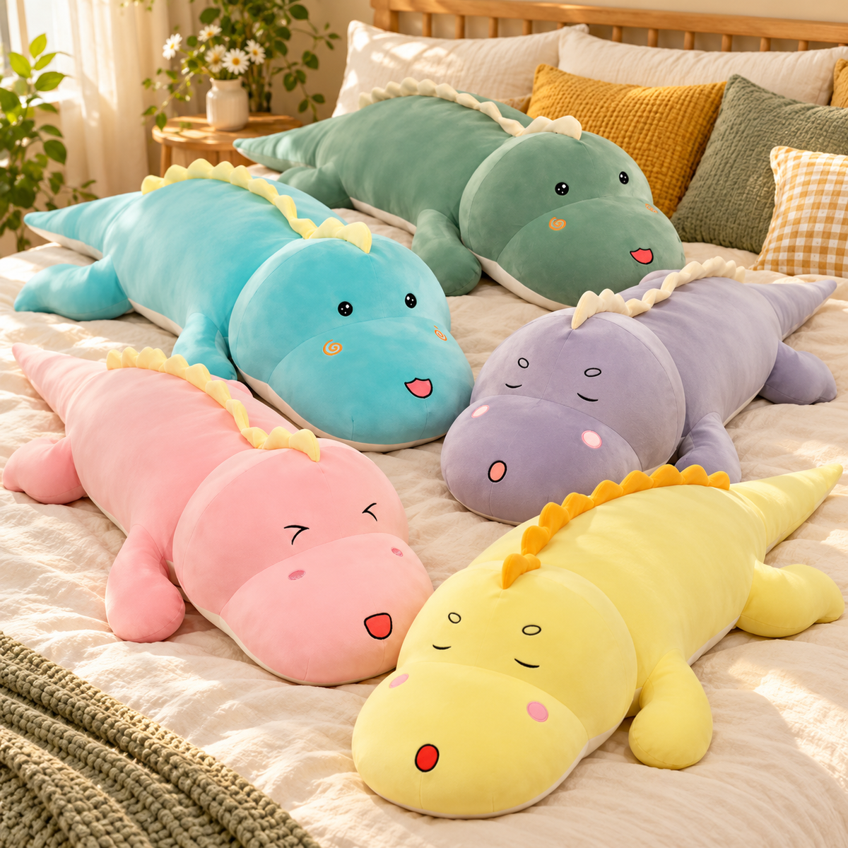 Five oversized dinosaur plush body pillows in Green, Blue, Pink, Purple, and Yellow together on an ivory bed.