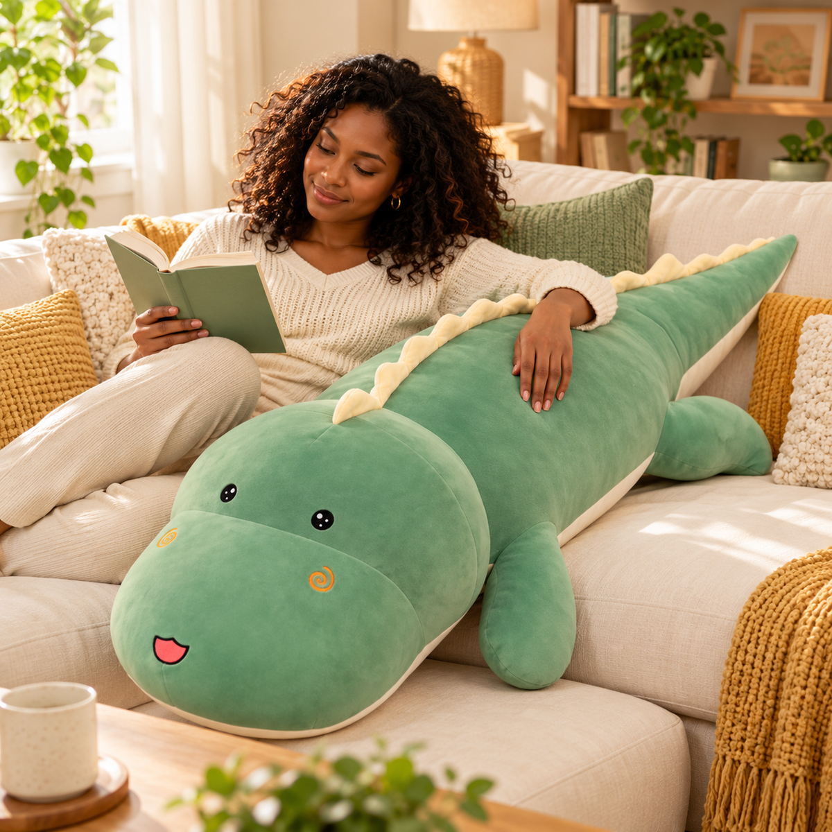 Woman reading on a sofa beside the long Green dinosaur plush body pillow.
