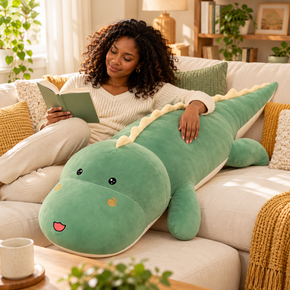 Woman reading on a sofa beside the long Green dinosaur plush body pillow.