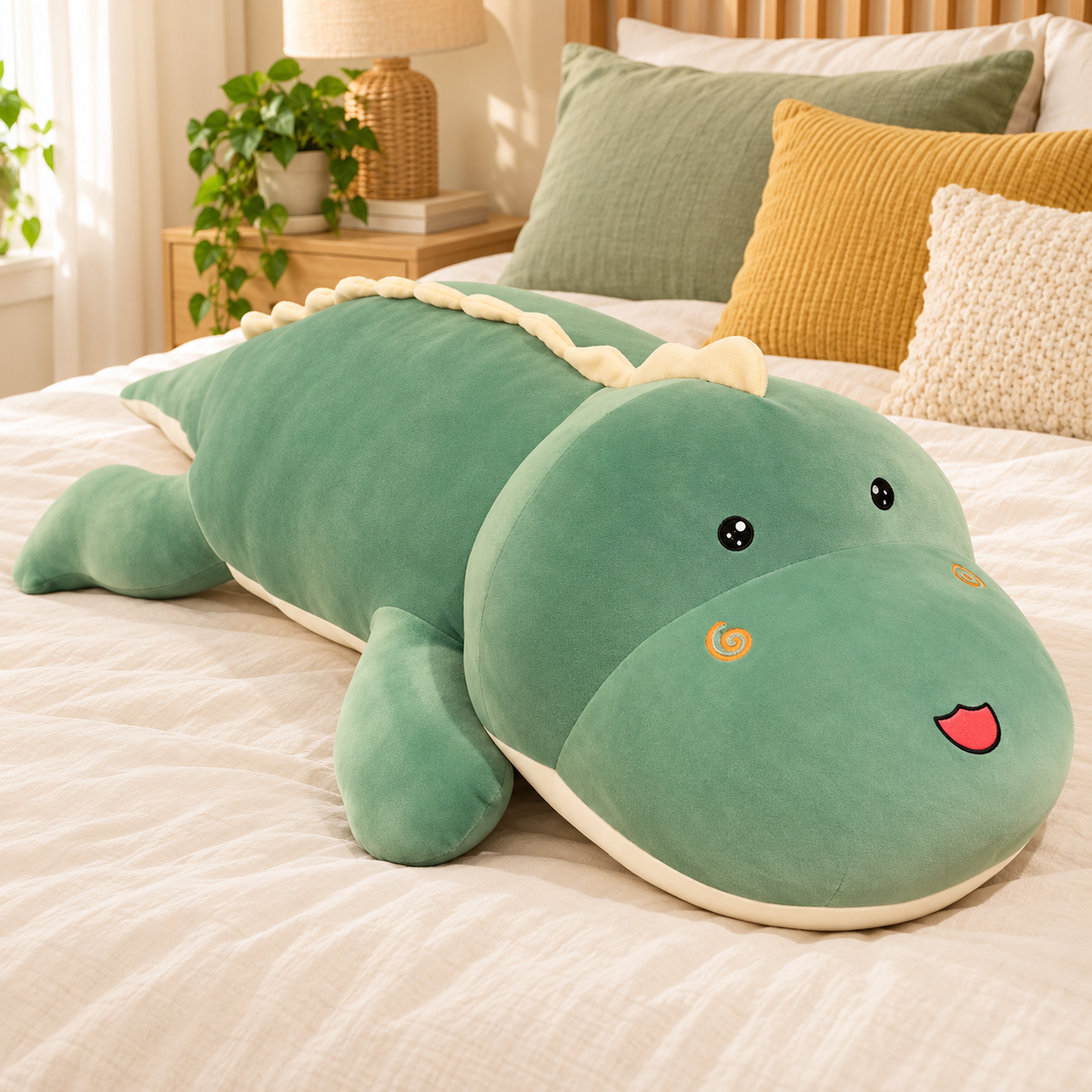 Green oversized dinosaur plush body pillow with open eyes and spiral cheeks on an ivory bed.