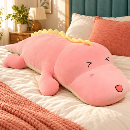 Pink oversized dinosaur plush body pillow with sleepy embroidered face on an ivory bed.