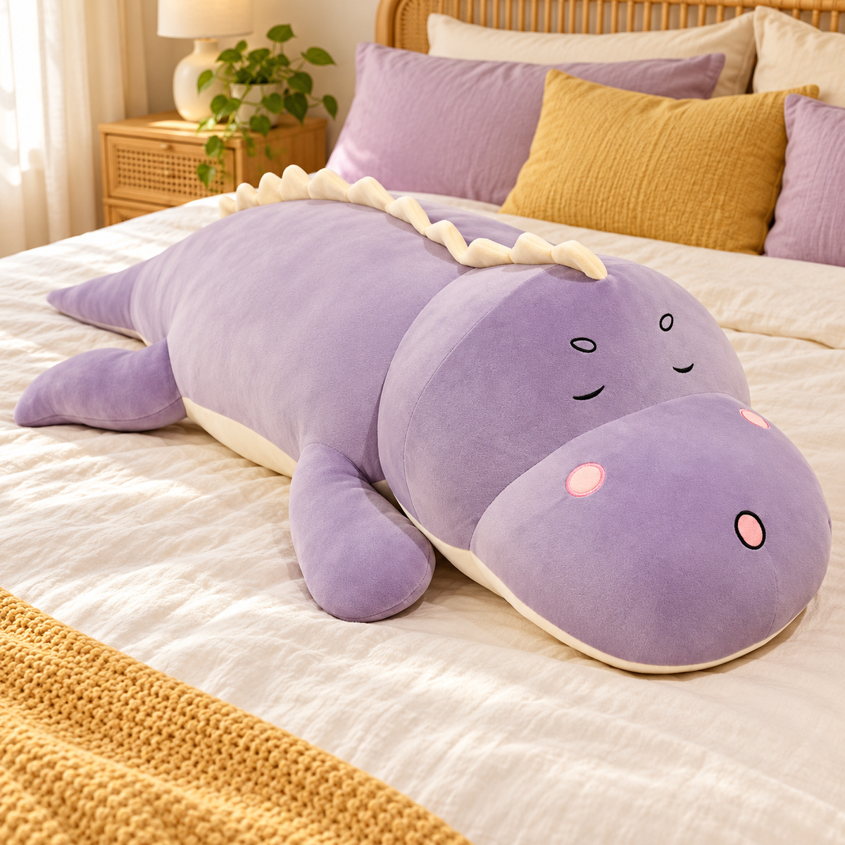 Purple oversized dinosaur plush body pillow with sleepy embroidered face and cream back spines on an ivory bed.