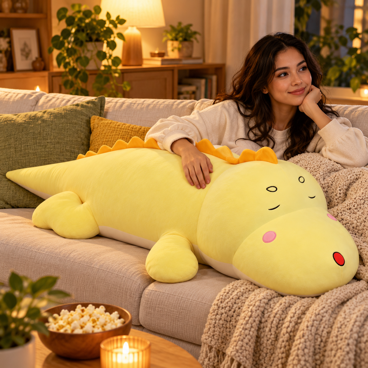 Woman enjoying movie night on a sofa beside a Yellow dinosaur plush body pillow.