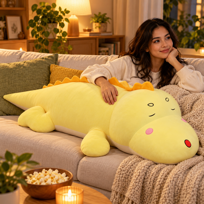 Woman enjoying movie night on a sofa beside a Yellow dinosaur plush body pillow.