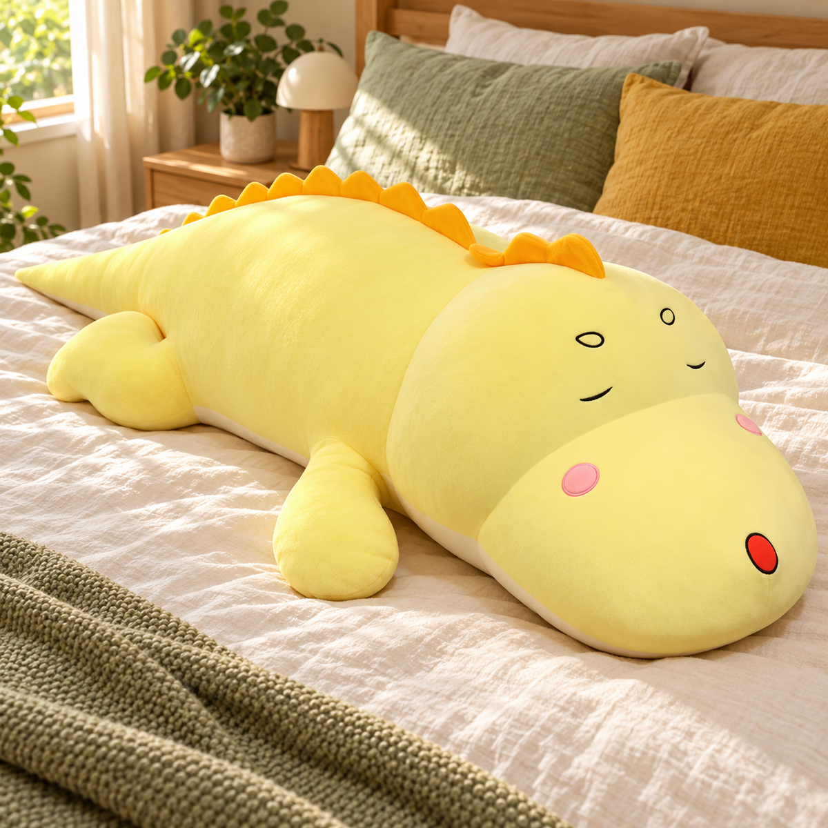Yellow oversized dinosaur plush body pillow with orange back spines and sleepy face on an ivory bed.