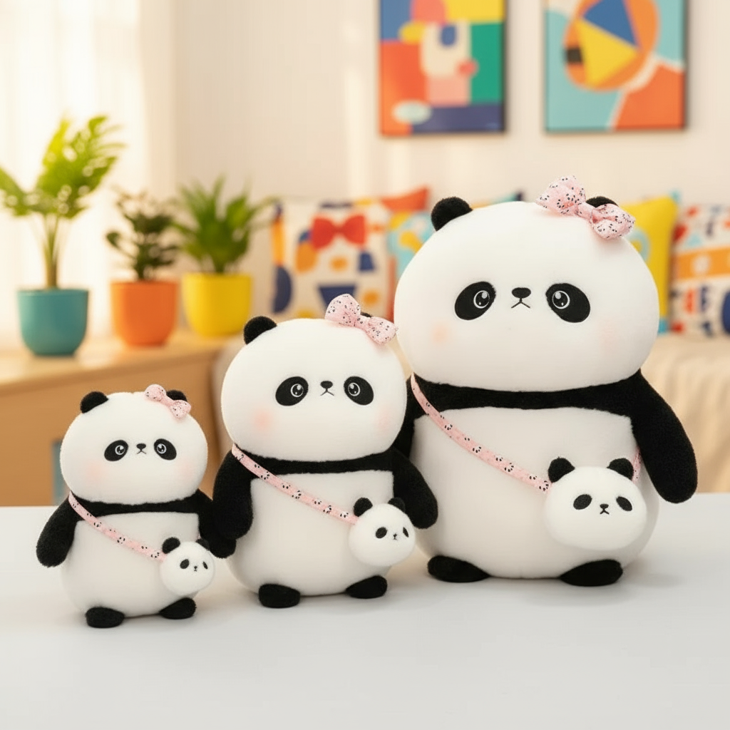 Set of panda plush toys with a family structure in a room with colorful decorations.