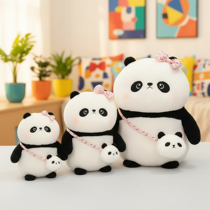 Set of panda plush toys with a family structure in a room with colorful decorations.