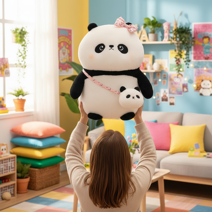 Person holding a large plush panda toy in a colorful living room.