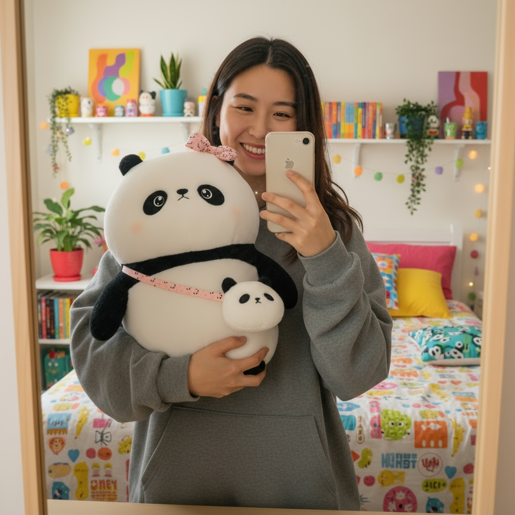 Person holding a large plush panda toy in a room with colorful decor