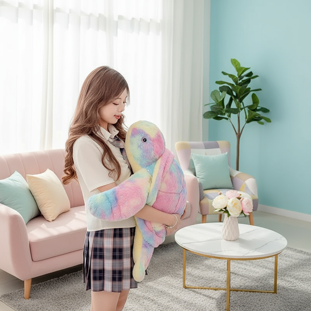 Woman holding a colorful rainbow turtle plush toy in a living room