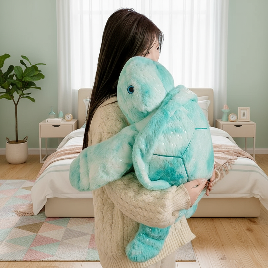Person holding a large turquoise plush turtle toy in a bedroom setting