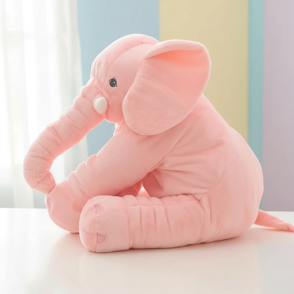 Pink plush elephant toy on a light surface with a colorful striped wall in the background