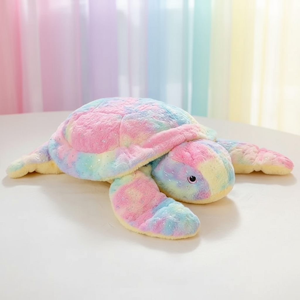 Pastel-colored plush turtle toy on a white surface with a colorful curtain background