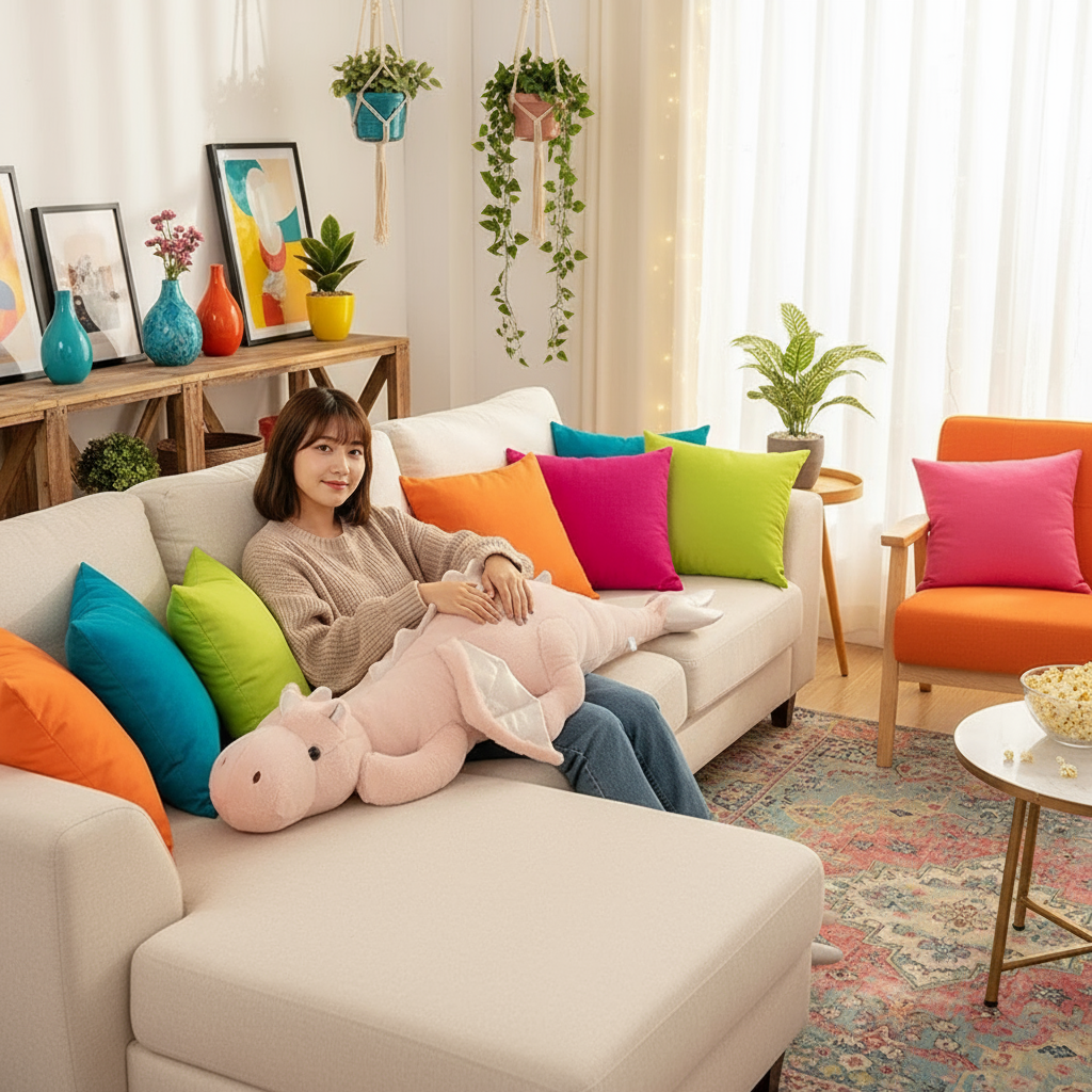 Woman sitting on a colorful sofa with pillows and a plush toy dragon in a bright living room.