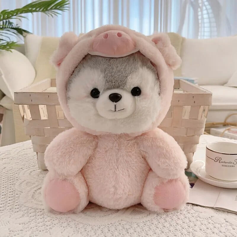 Husky Plushie: Outfit-Ready pink pig dressed up