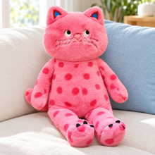 Pink Polka Paws Cat Plushie with berry spots, long floppy limbs, and embroidered face
