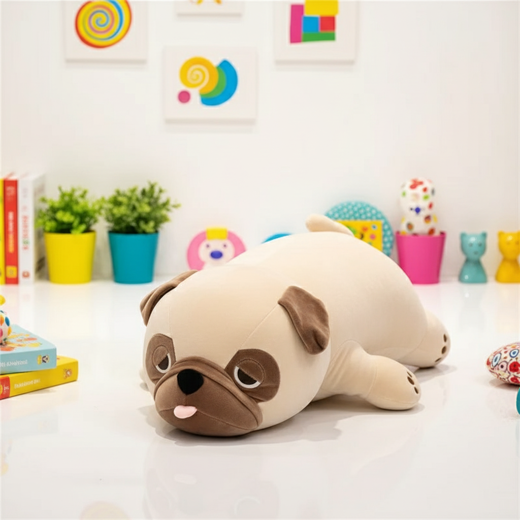Plush dog toy on a white surface with colorful decorations in the background