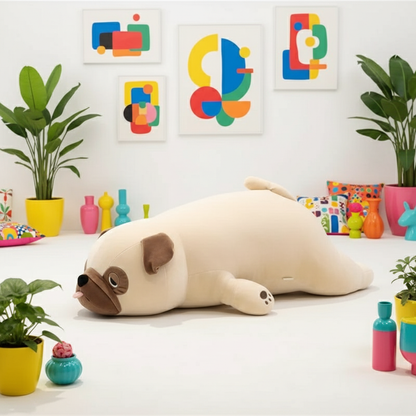 Large plush dog toy in a room with colorful decor and plants