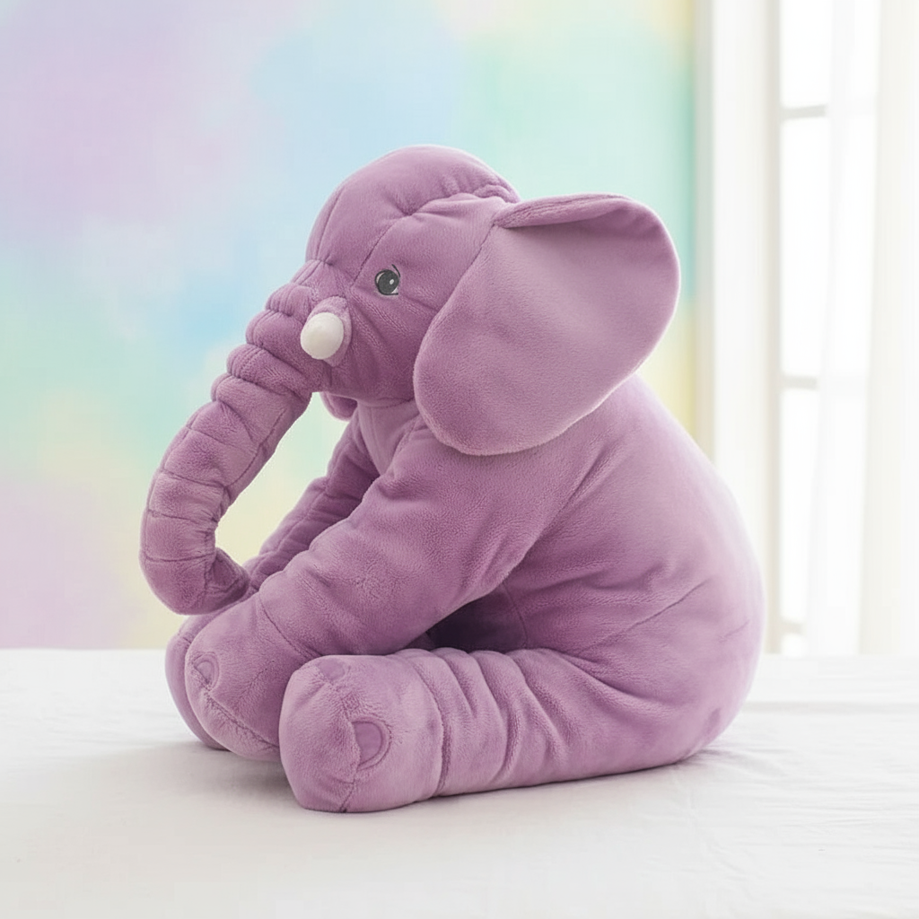 Purple elephant plush toy on a white surface with a pastel rainbow gradient background