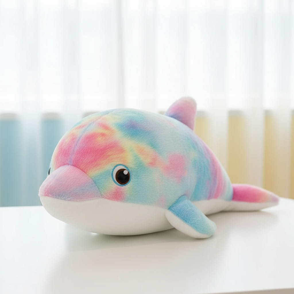Colorful plush dolphin toy on a white surface with a light background