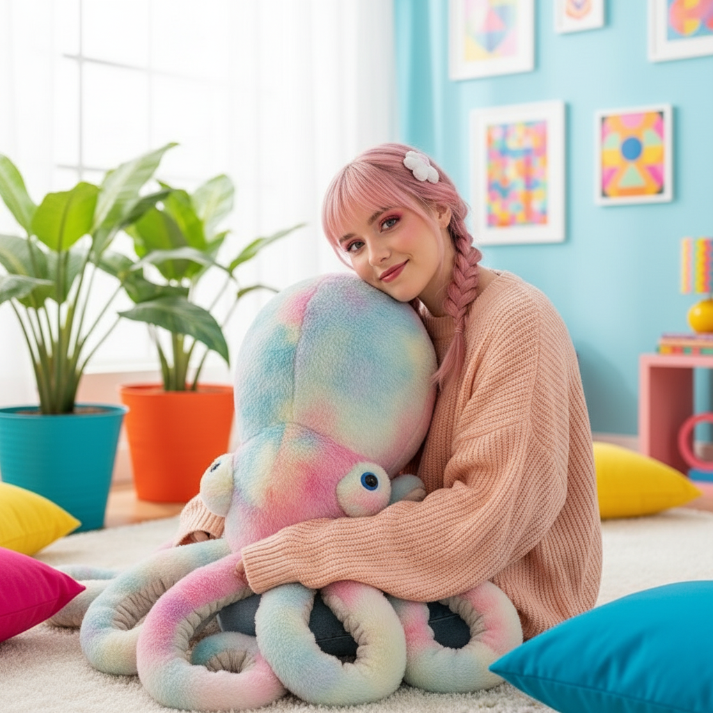 Person holding a colorful octopus-shaped pillow in a bright, decoratively filled room.