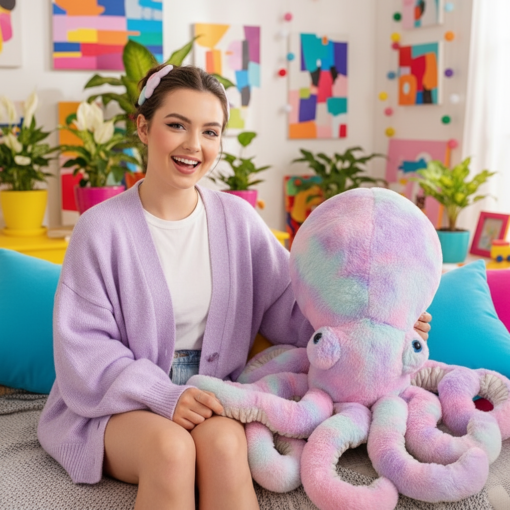 Woman holding a large, colorful octopus plush toy in a room with colorful decorations.