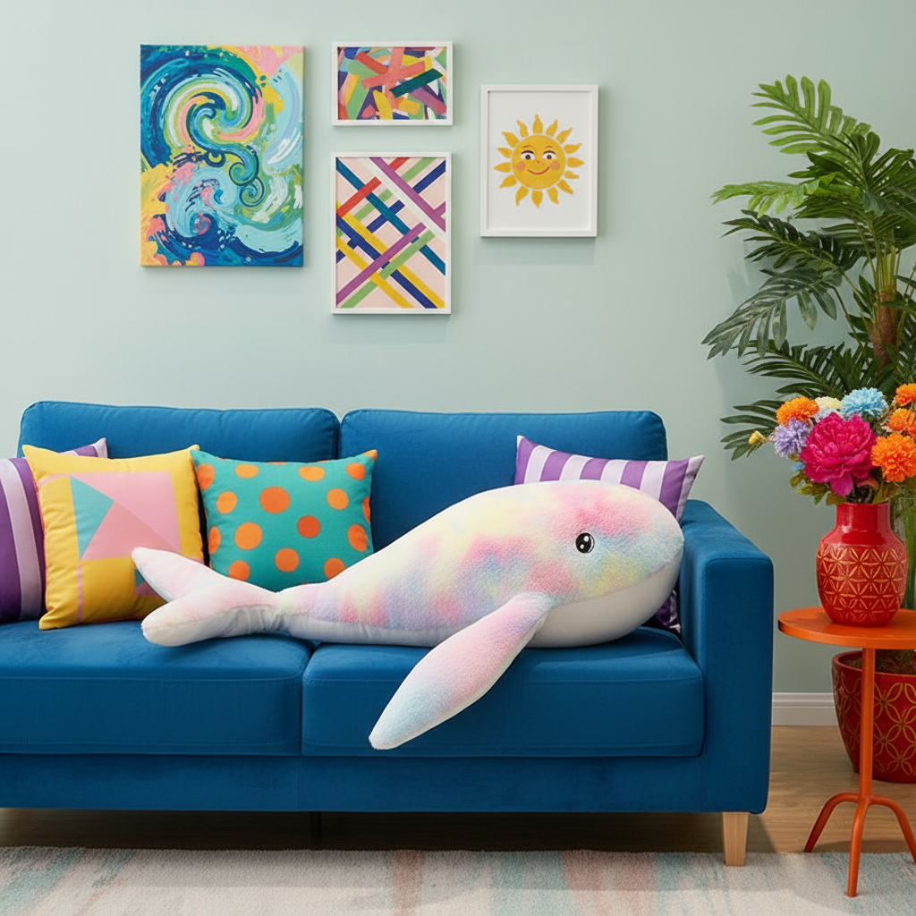 Rainbow Whale Plushie laying on a couch in a vibrant living room setting