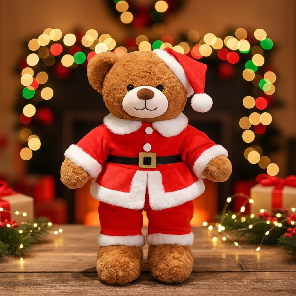 Teddy bear in a Santa Claus outfit with Christmas lights and presents in the background