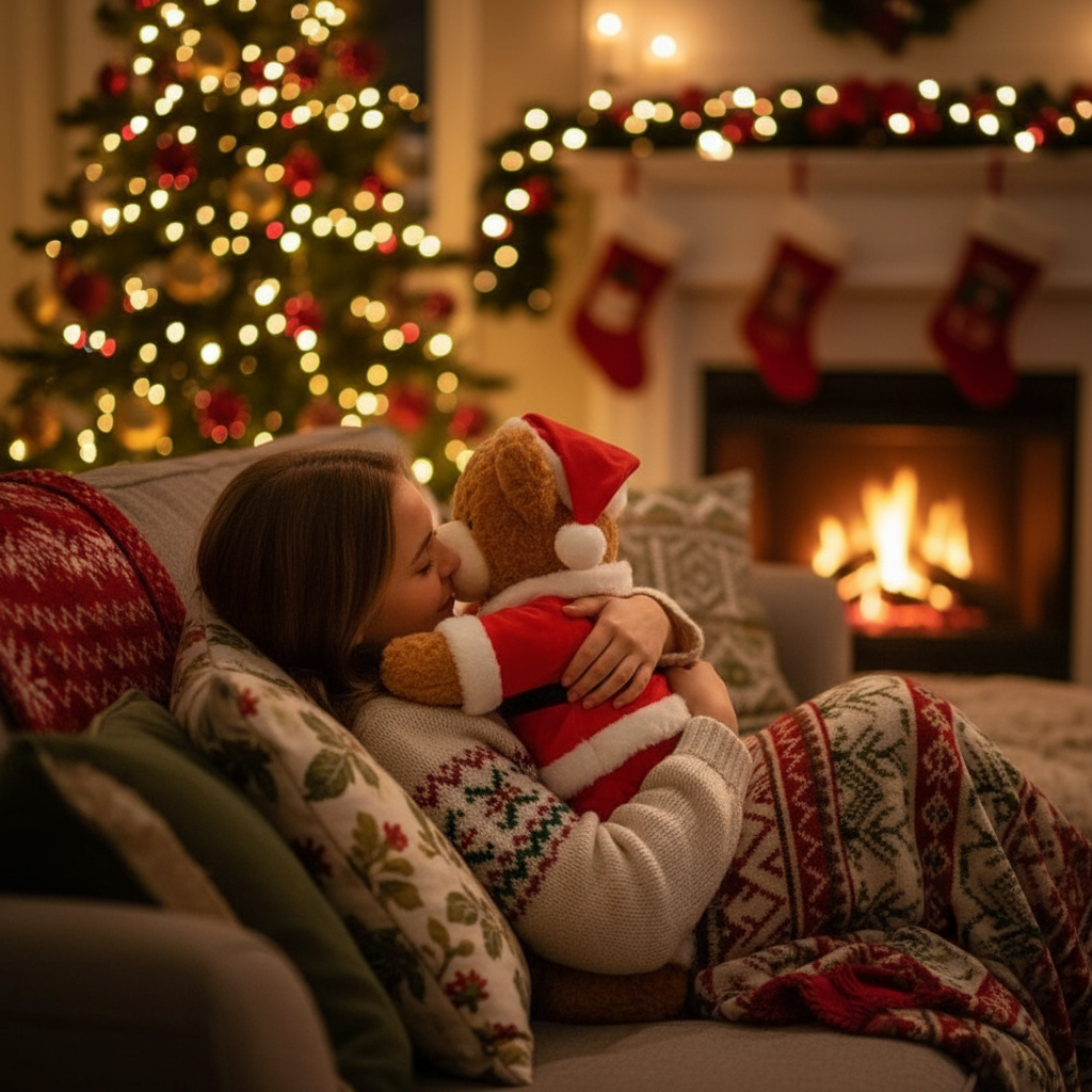 Person hugging a teddy bear in a cozy living room with Christmas decorations.
